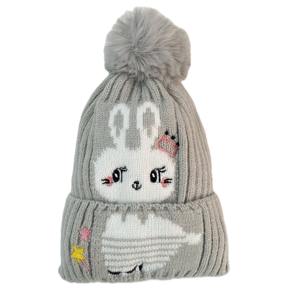 Bunny Kids Boys Girls Winter Pom Pom Xmas Holidays Knitted Warm Hat Beanie-Gray
